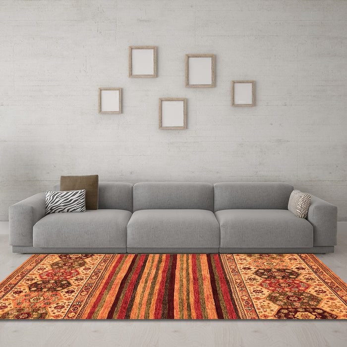 Machine Washable Abstract Orange Modern Area Rugs in a Living Room, wshabs605org