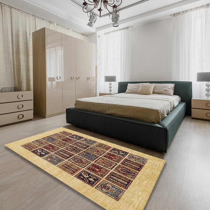 Abstract Chrome Gold Yellow Modern Rug in a Bedroom, abs606
