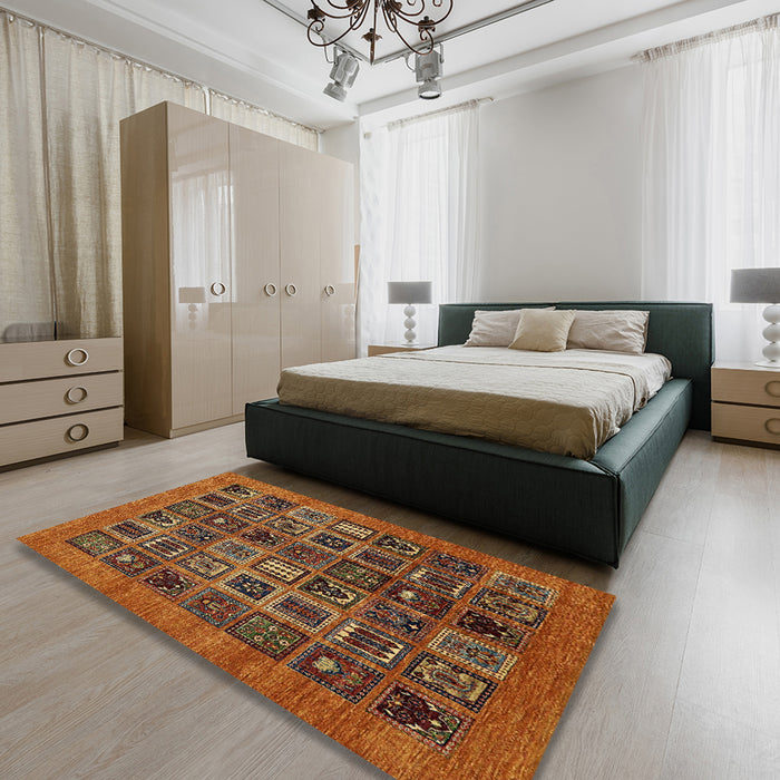 Machine Washable Abstract Saffron Red Rug in a Bedroom, wshabs609