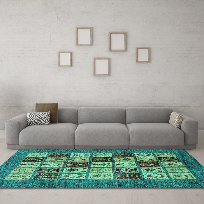 Machine Washable Abstract Turquoise Modern Area Rugs in a Living Room,, wshabs615turq