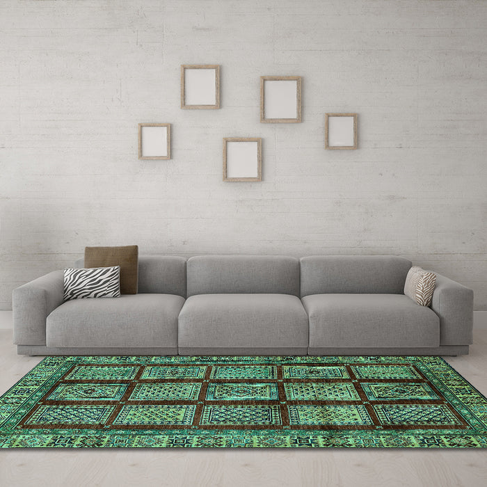 Machine Washable Abstract Turquoise Modern Area Rugs in a Living Room,, wshabs618turq