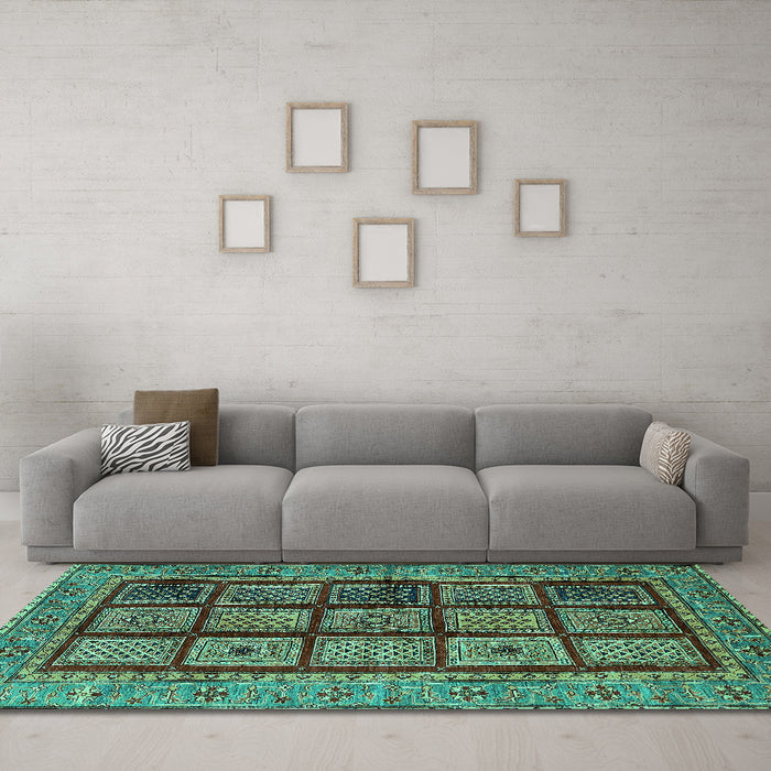 Machine Washable Abstract Turquoise Modern Area Rugs in a Living Room,, wshabs619turq