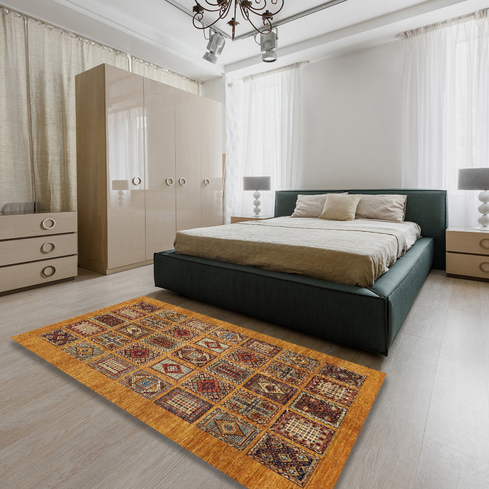 Abstract Saffron Red Modern Rug in a Bedroom, abs626