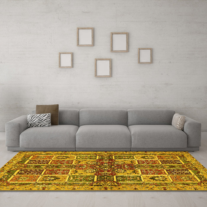 Machine Washable Abstract Yellow Modern Rug in a Living Room, wshabs629yw
