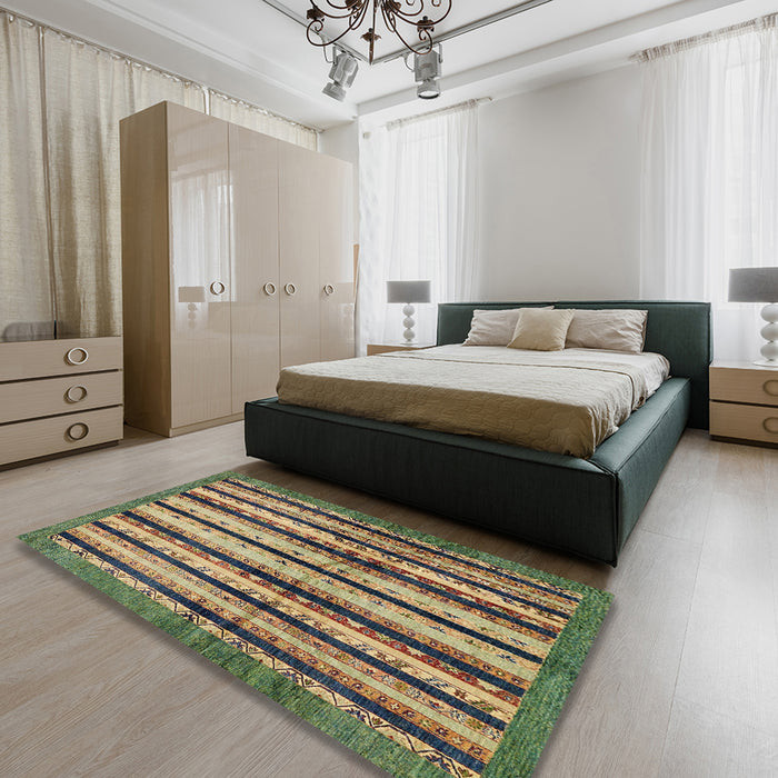 Abstract Copper Green Modern Rug in a Bedroom, abs634