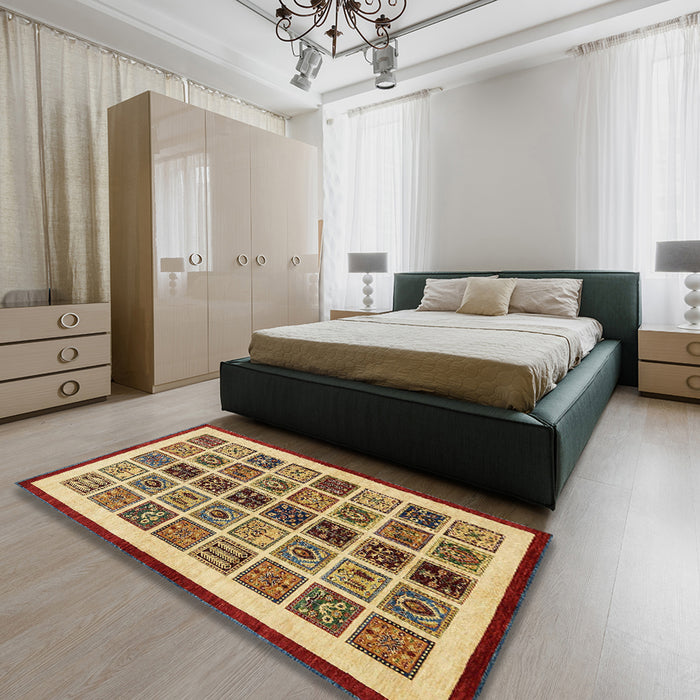 Machine Washable Abstract Chrome Gold Yellow Rug in a Bedroom, wshabs640