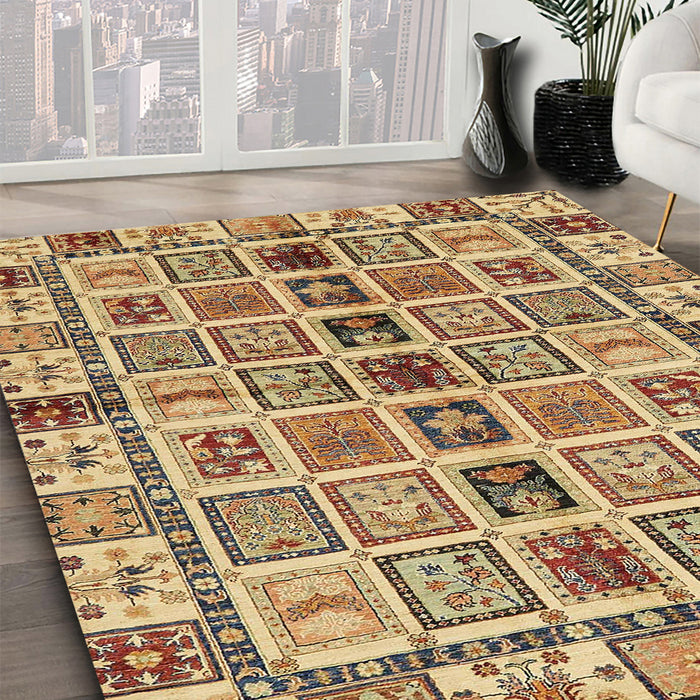 Abstract Chrome Gold Yellow Oriental Rug in Family Room, abs643