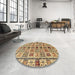 Round Abstract Chrome Gold Yellow Oriental Rug in a Office, abs643