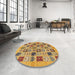 Round Machine Washable Abstract Saffron Yellow Rug in a Office, wshabs644