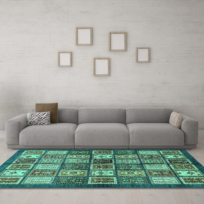 Machine Washable Abstract Turquoise Modern Area Rugs in a Living Room,, wshabs647turq