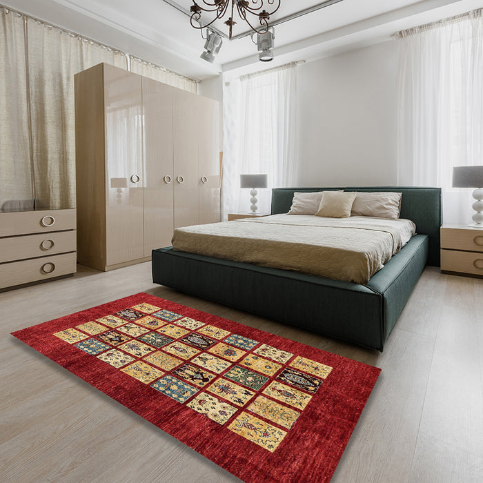 Abstract Red Modern Rug in a Bedroom, abs649