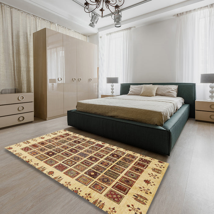 Abstract Mustard Yellow Modern Rug in a Bedroom, abs658