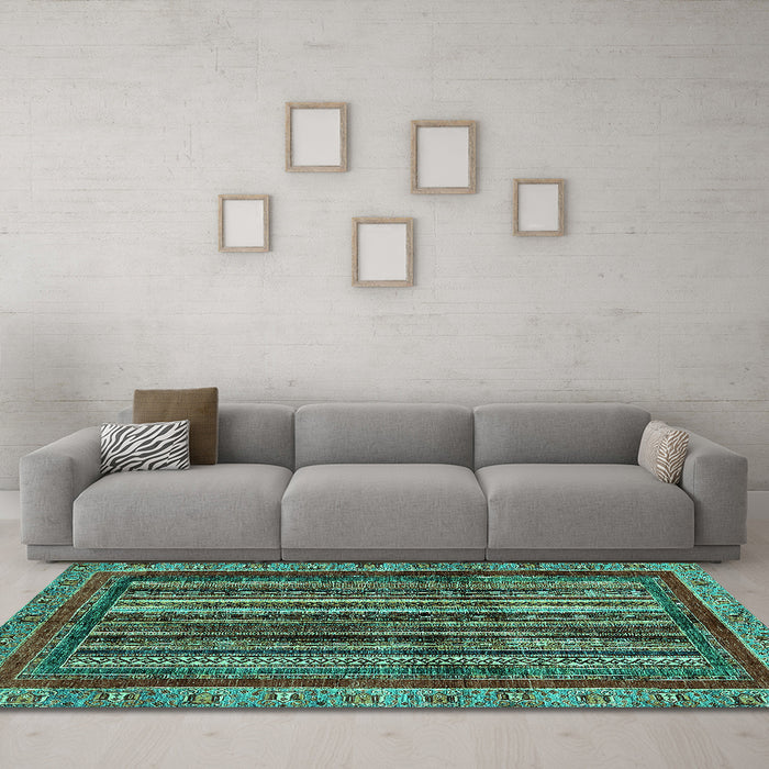 Machine Washable Abstract Turquoise Modern Area Rugs in a Living Room,, wshabs662turq
