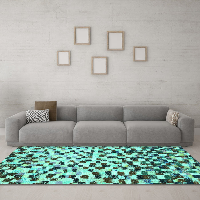 Machine Washable Abstract Turquoise Modern Area Rugs in a Living Room,, wshabs669turq