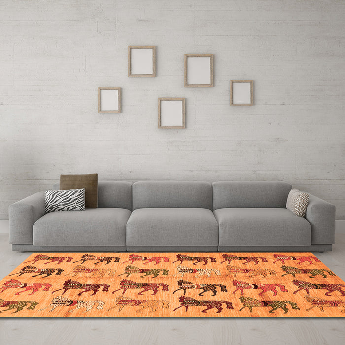 Machine Washable Abstract Orange Modern Area Rugs in a Living Room, wshabs672org