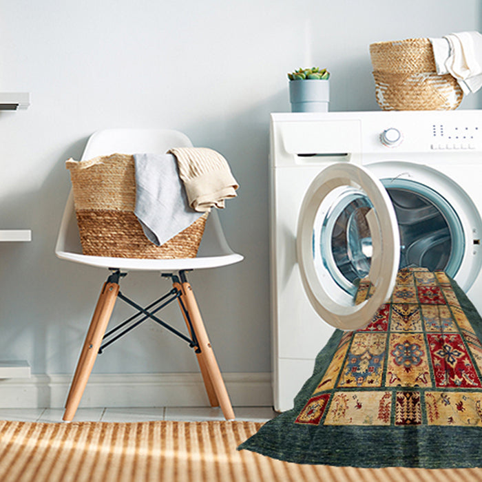 Machine Washable Abstract Brass Green Rug in a Washing Machine, wshabs675