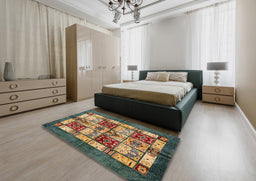 Abstract Copper Green Modern Rug in a Bedroom, abs675