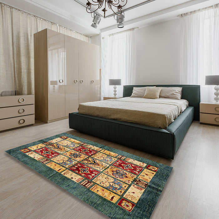 Abstract Copper Green Modern Rug in a Bedroom, abs675