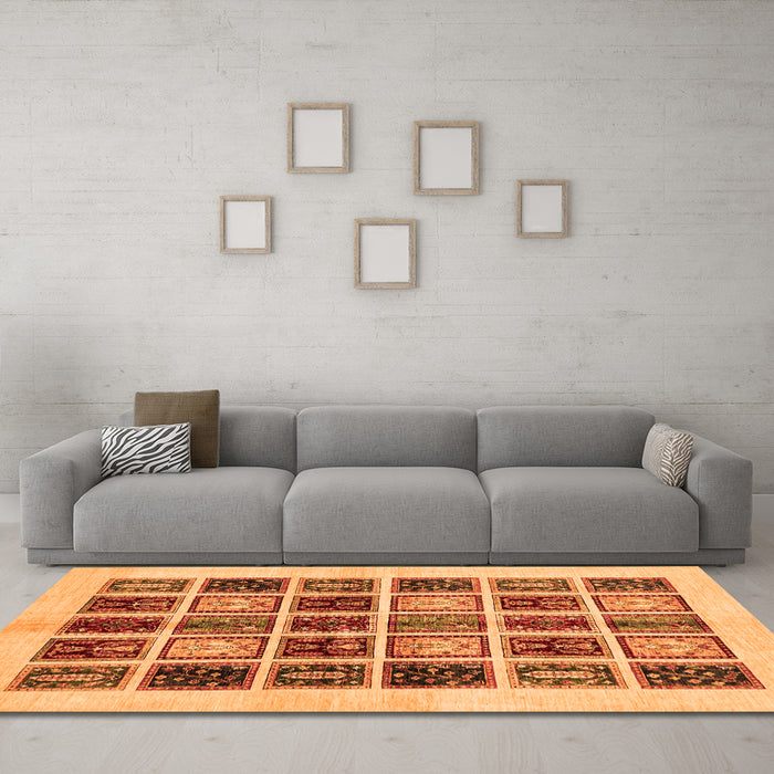 Machine Washable Abstract Orange Modern Area Rugs in a Living Room, wshabs677org