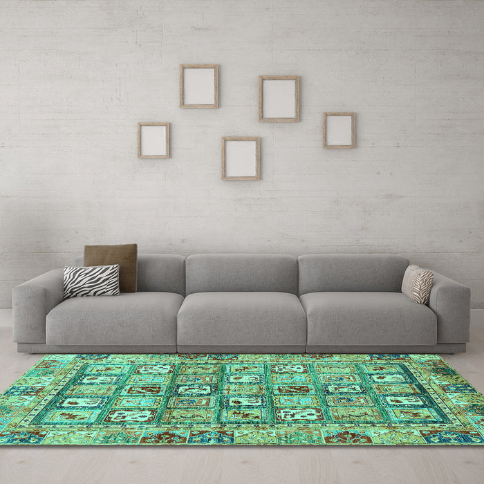 Machine Washable Abstract Turquoise Modern Area Rugs in a Living Room,, wshabs678turq