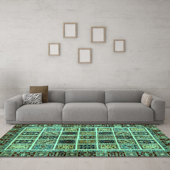 Machine Washable Abstract Turquoise Modern Area Rugs in a Living Room,, wshabs679turq