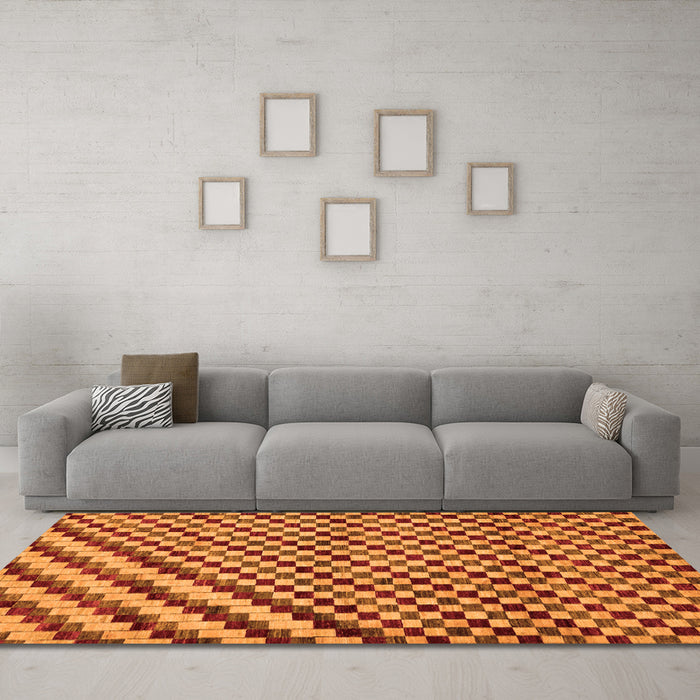 Machine Washable Checkered Orange Modern Area Rugs in a Living Room, wshabs67org