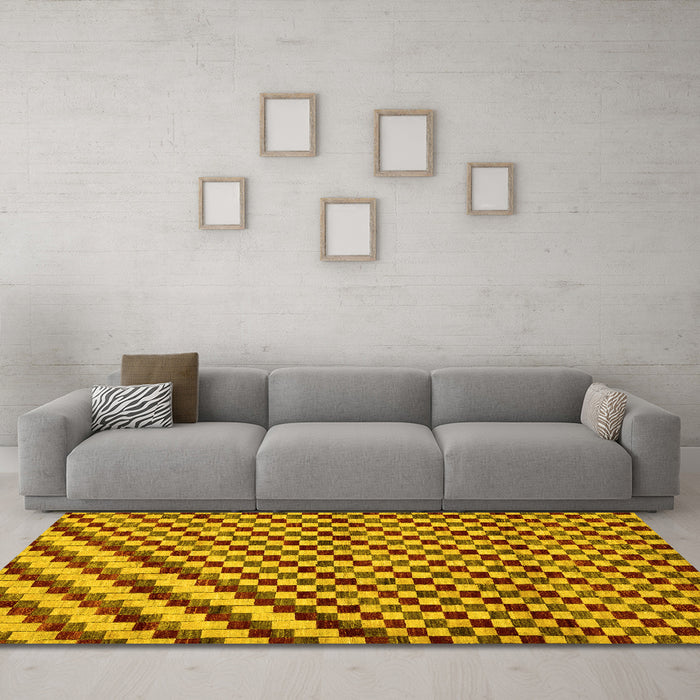 Machine Washable Checkered Yellow Modern Rug in a Living Room, wshabs67yw