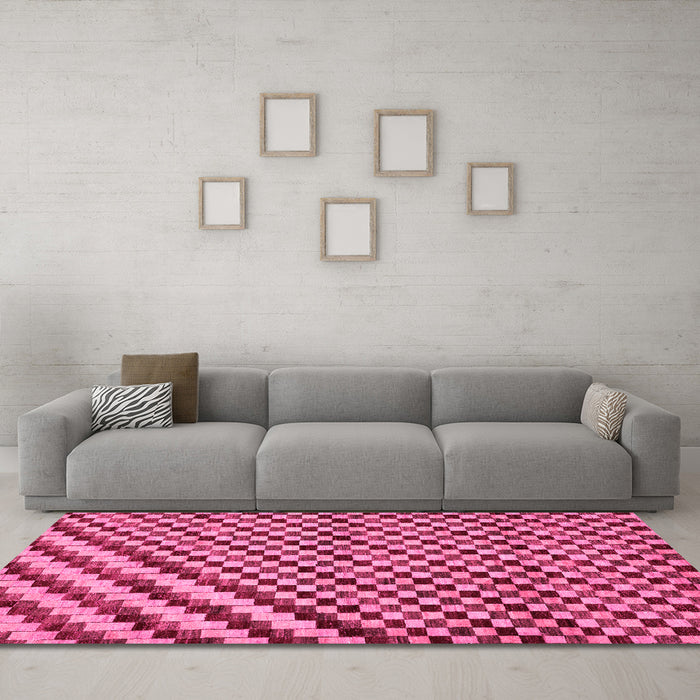 Machine Washable Checkered Pink Modern Rug in a Living Room, wshabs67pnk