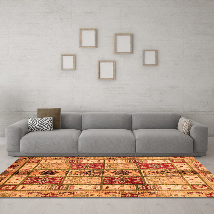 Machine Washable Abstract Orange Modern Area Rugs in a Living Room, wshabs680org