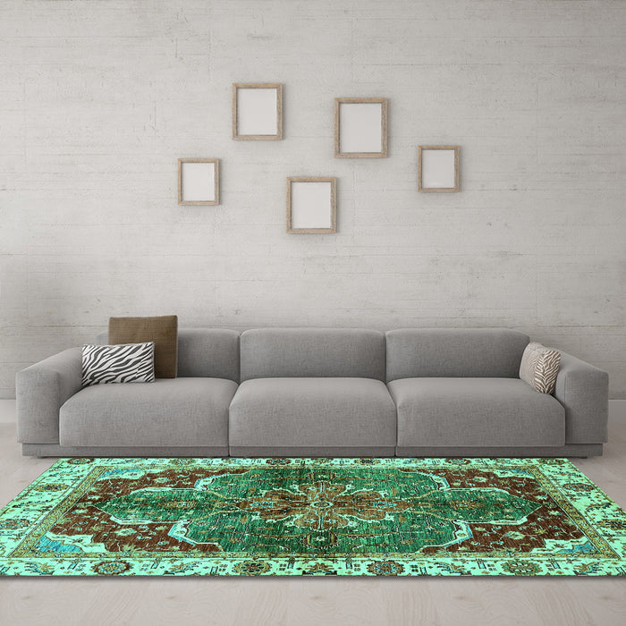 Machine Washable Abstract Turquoise Modern Area Rugs in a Living Room,, wshabs682turq