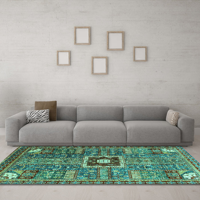 Machine Washable Abstract Turquoise Modern Area Rugs in a Living Room,, wshabs684turq