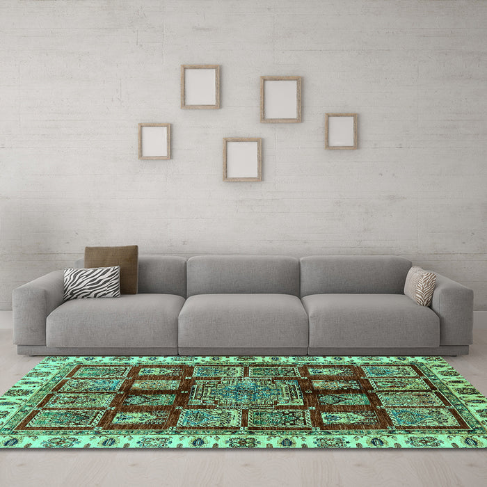 Machine Washable Abstract Turquoise Modern Area Rugs in a Living Room,, wshabs685turq
