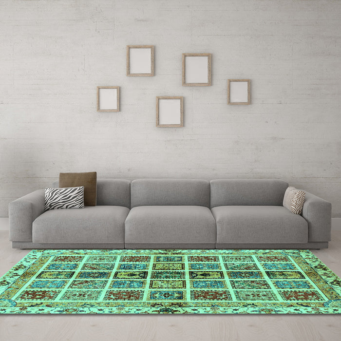 Machine Washable Abstract Turquoise Modern Area Rugs in a Living Room,, wshabs686turq