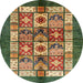 Round Machine Washable Abstract Brass Green Rug, wshabs687