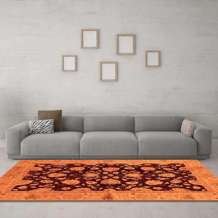 Machine Washable Abstract Orange Modern Area Rugs in a Living Room, wshabs694org