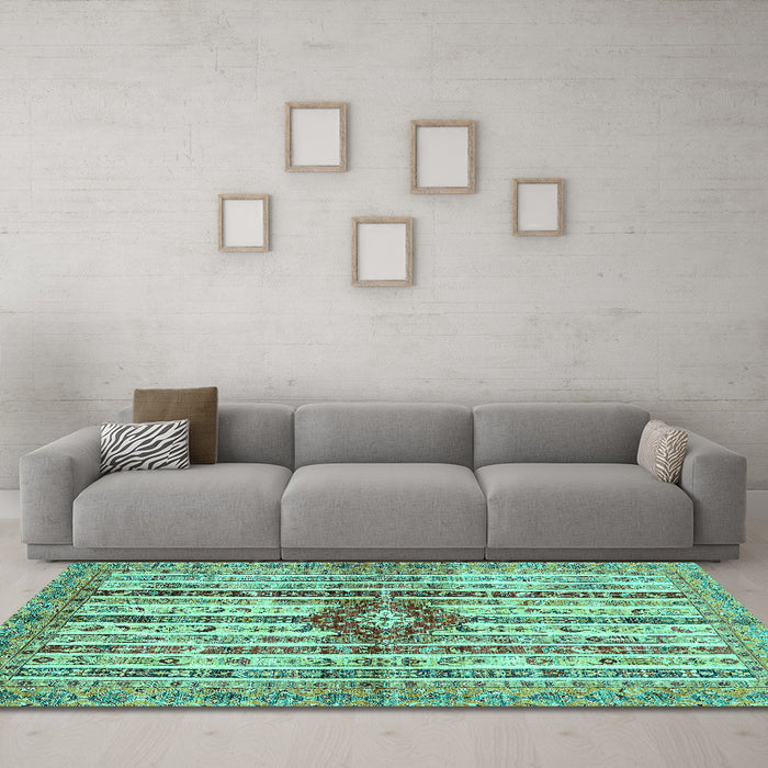 Machine Washable Abstract Turquoise Modern Area Rugs in a Living Room,, wshabs696turq
