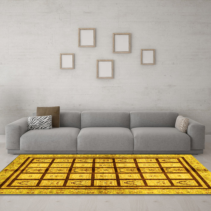 Machine Washable Abstract Yellow Modern Rug in a Living Room, wshabs699yw