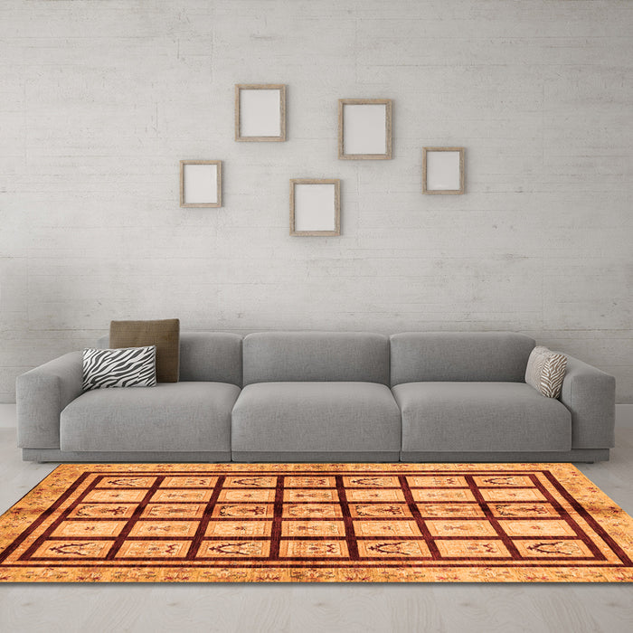 Machine Washable Abstract Orange Modern Area Rugs in a Living Room, wshabs699org
