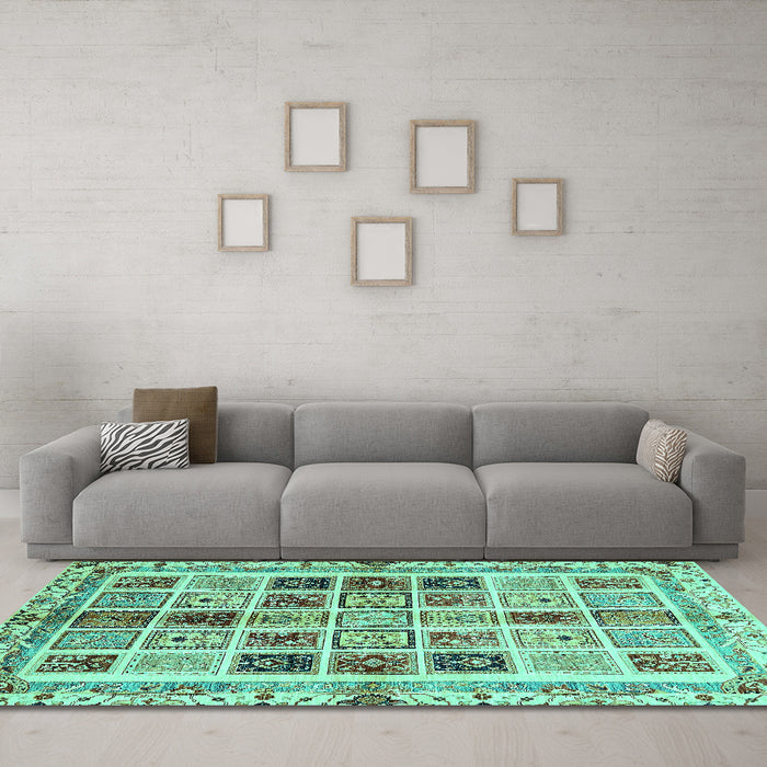 Machine Washable Abstract Turquoise Modern Area Rugs in a Living Room,, wshabs700turq