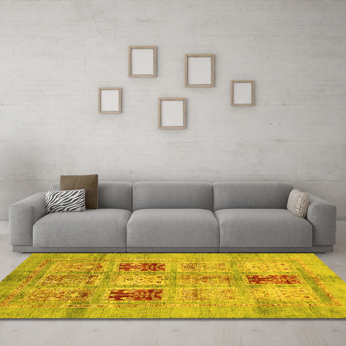 Machine Washable Abstract Yellow Modern Rug in a Living Room, wshabs702yw