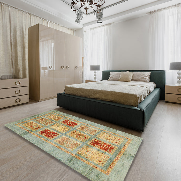Machine Washable Abstract Ginger Brown Green Rug in a Bedroom, wshabs702