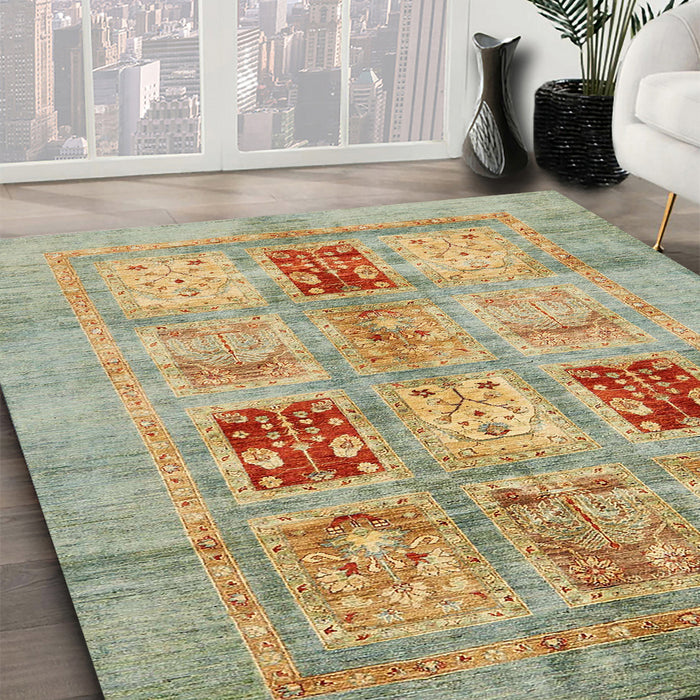 Abstract Ginger Brown Green Modern Rug in Family Room, abs702