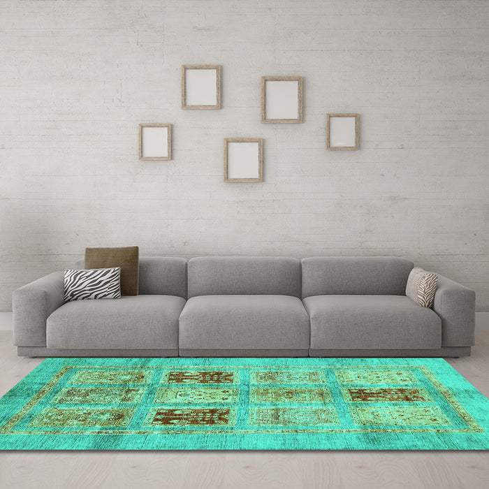 Machine Washable Abstract Turquoise Modern Area Rugs in a Living Room,, wshabs702turq