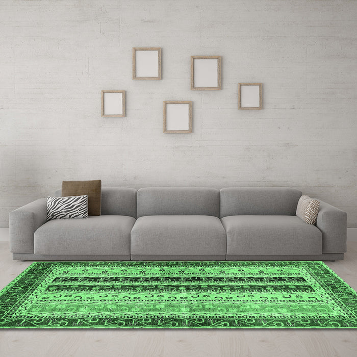 Machine Washable Abstract Emerald Green Modern Area Rugs in a Living Room,, wshabs704emgrn