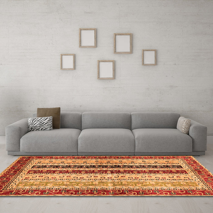 Machine Washable Abstract Orange Modern Area Rugs in a Living Room, wshabs704org