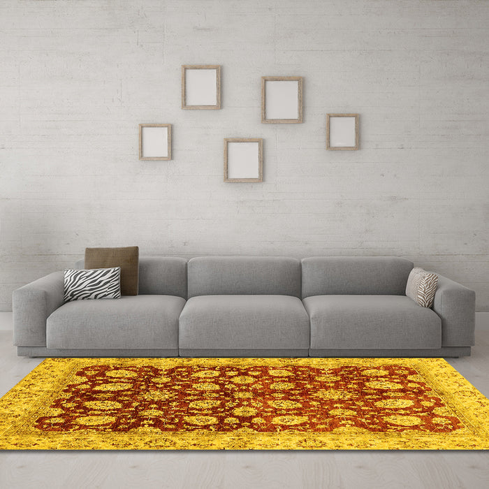 Machine Washable Oriental Yellow Traditional Rug in a Living Room, wshabs706yw