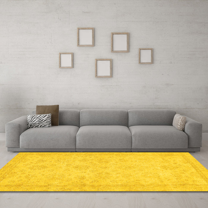 Machine Washable Abstract Yellow Modern Rug in a Living Room, wshabs707yw