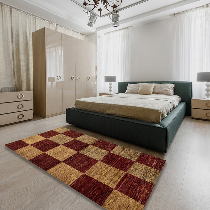 Abstract Chocolate Brown Checkered Rug in a Bedroom, abs70