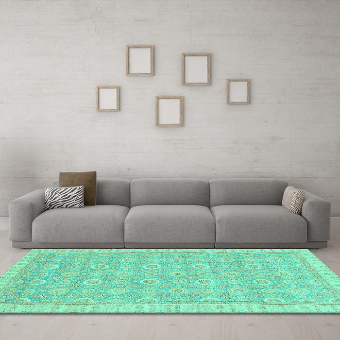 Machine Washable Abstract Turquoise Modern Area Rugs in a Living Room,, wshabs710turq