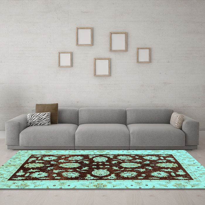 Machine Washable Oriental Light Blue Traditional Rug in a Living Room, wshabs718lblu